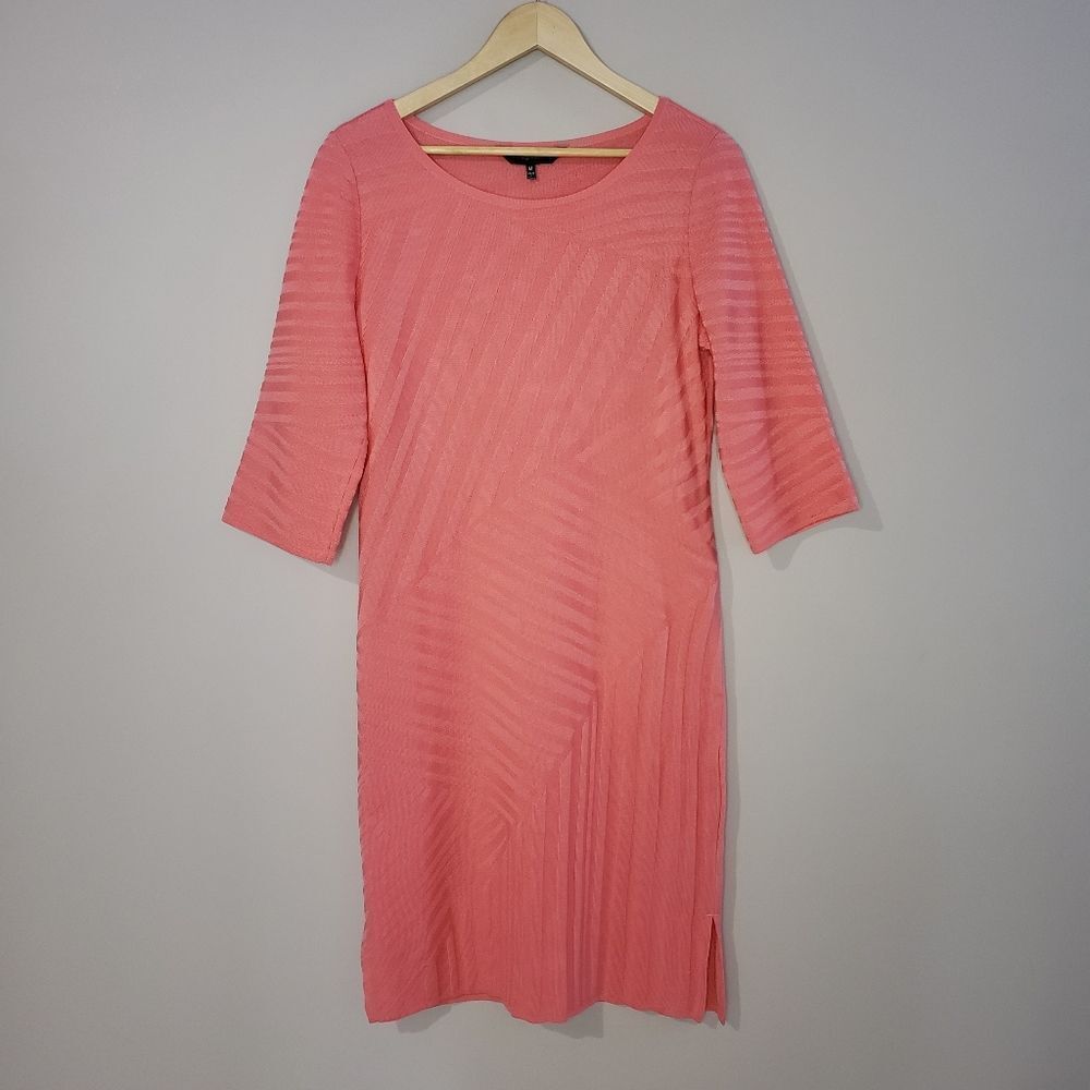 Ming Wang Medium Coral ¾ Sleeve Ribbed Knit Dress